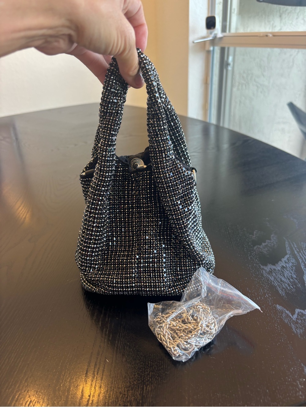 Black Rhinestone Mini Tote Bag - Sparkling Evening Handbag